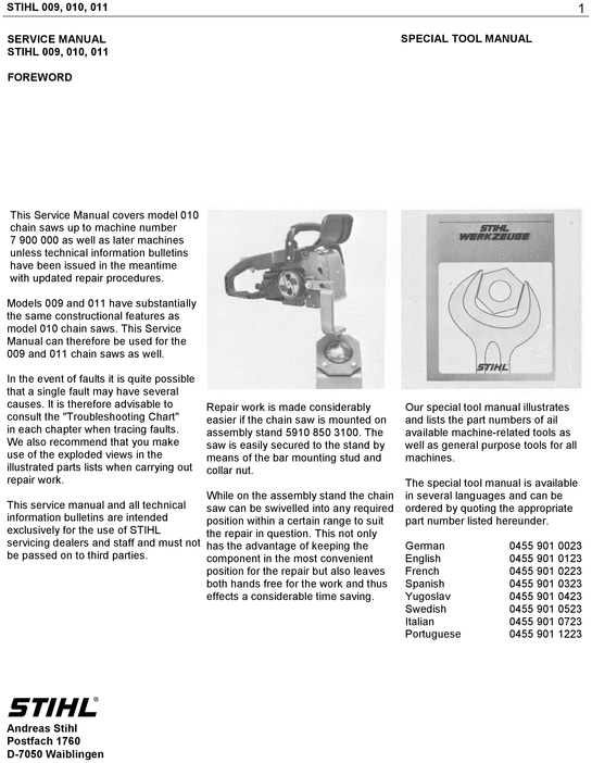 Product picture Stihl 009 010 011 012 Chainsaw Workshop Manual